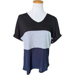 Womens Boutique V Neck Waffle Knit Color Block V Neck Top Blouse - Sz M